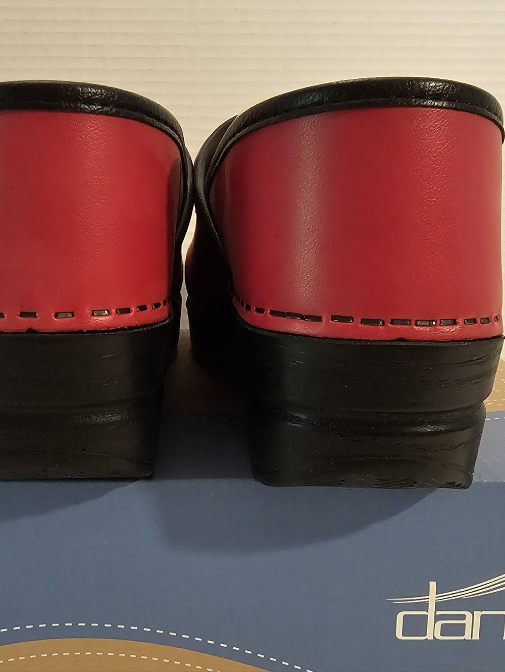Dansko Red Leather Slip-On Clogs with Black Trim - Picture 6 of 15